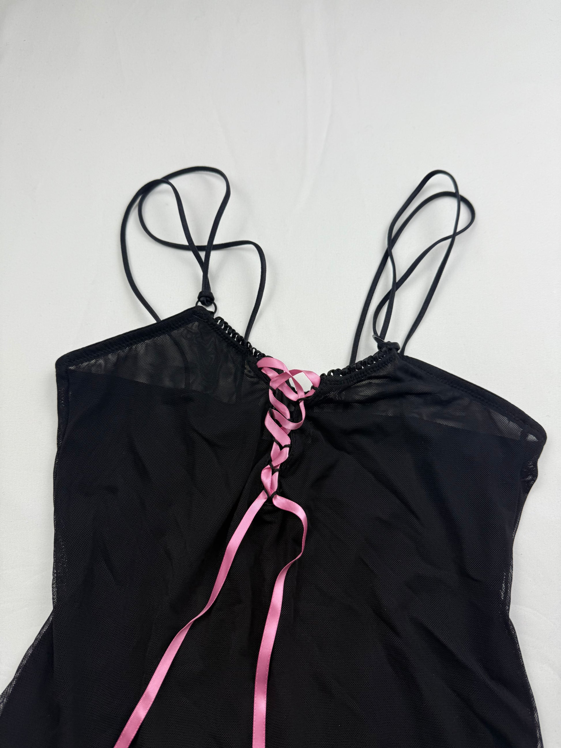 Black & pink mesh lined lace up babydoll cami top (S)