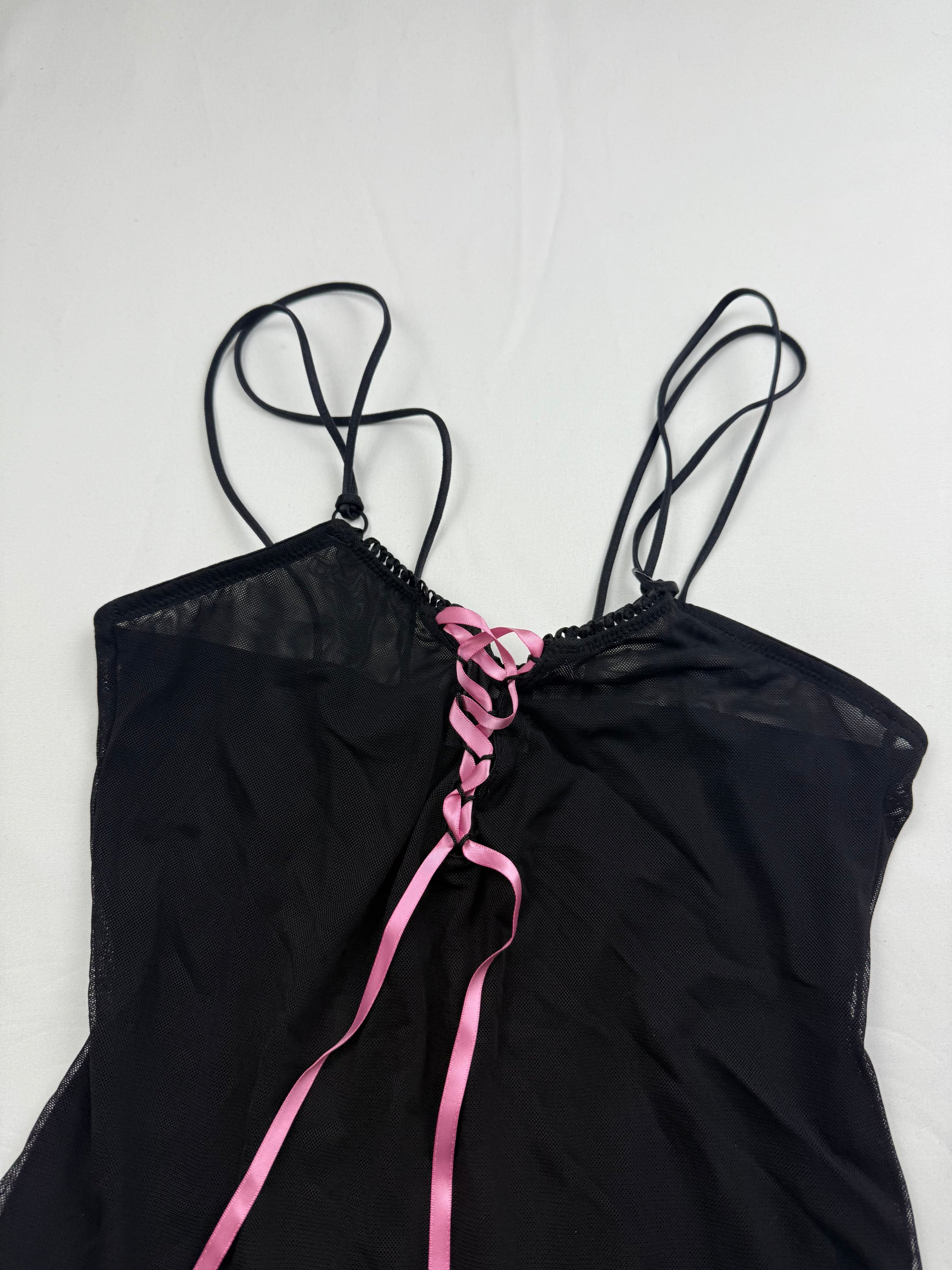 Black & pink mesh lined lace up babydoll cami top (S)