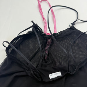Black & pink mesh lined lace up babydoll cami top (S)