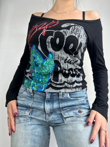 Black graphic long sleeves top (S)