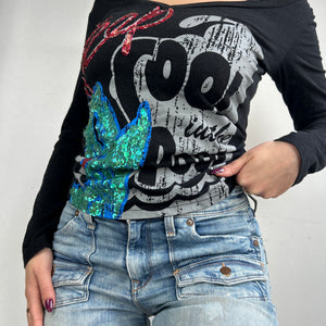 Black graphic long sleeves top (S)