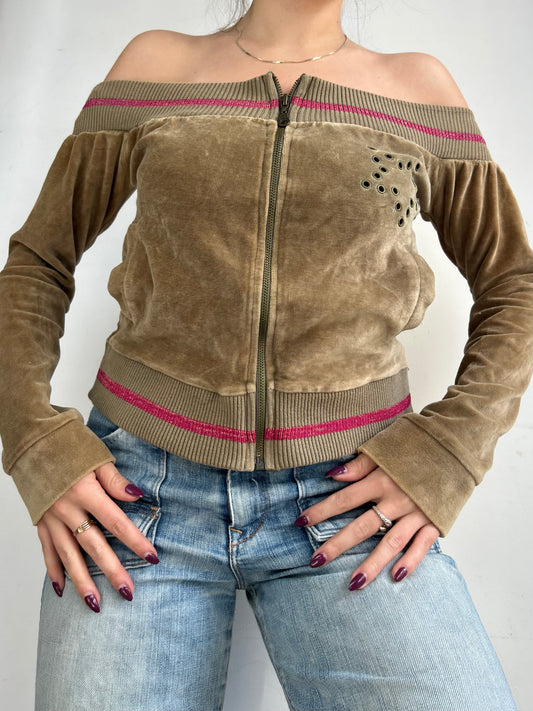 Khaki velvet bardot zip up sweatshirt (M)