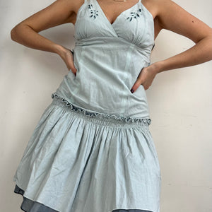 Light blue 100% cotton pleated mini dress (M)