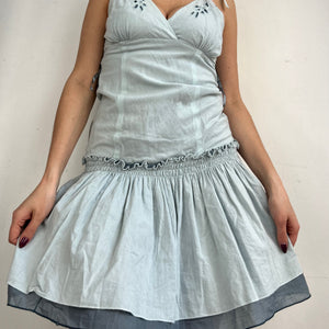 Light blue 100% cotton pleated mini dress (M)