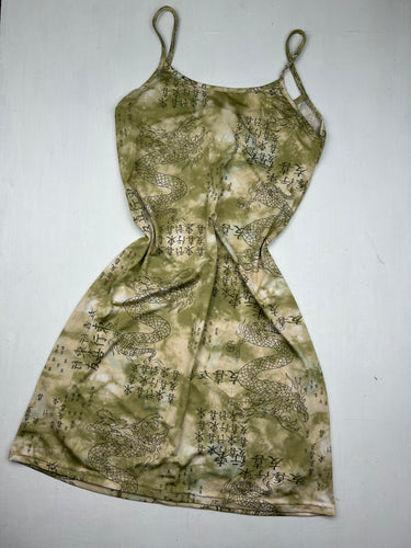 Green stretchy Chinese graphic print Y2K vintage mini dress (S/M)