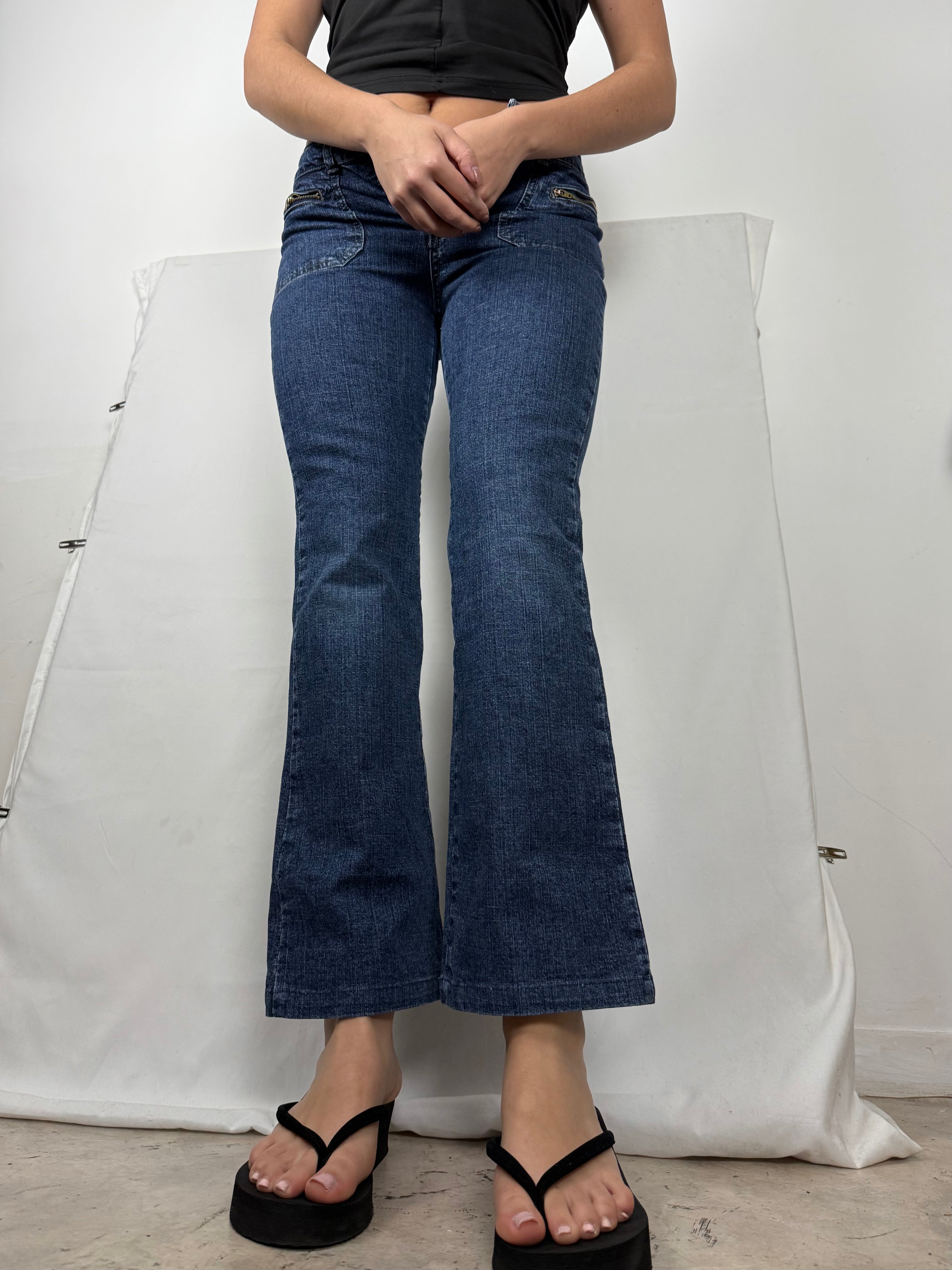 Blue denim low rise flare pants (XS)