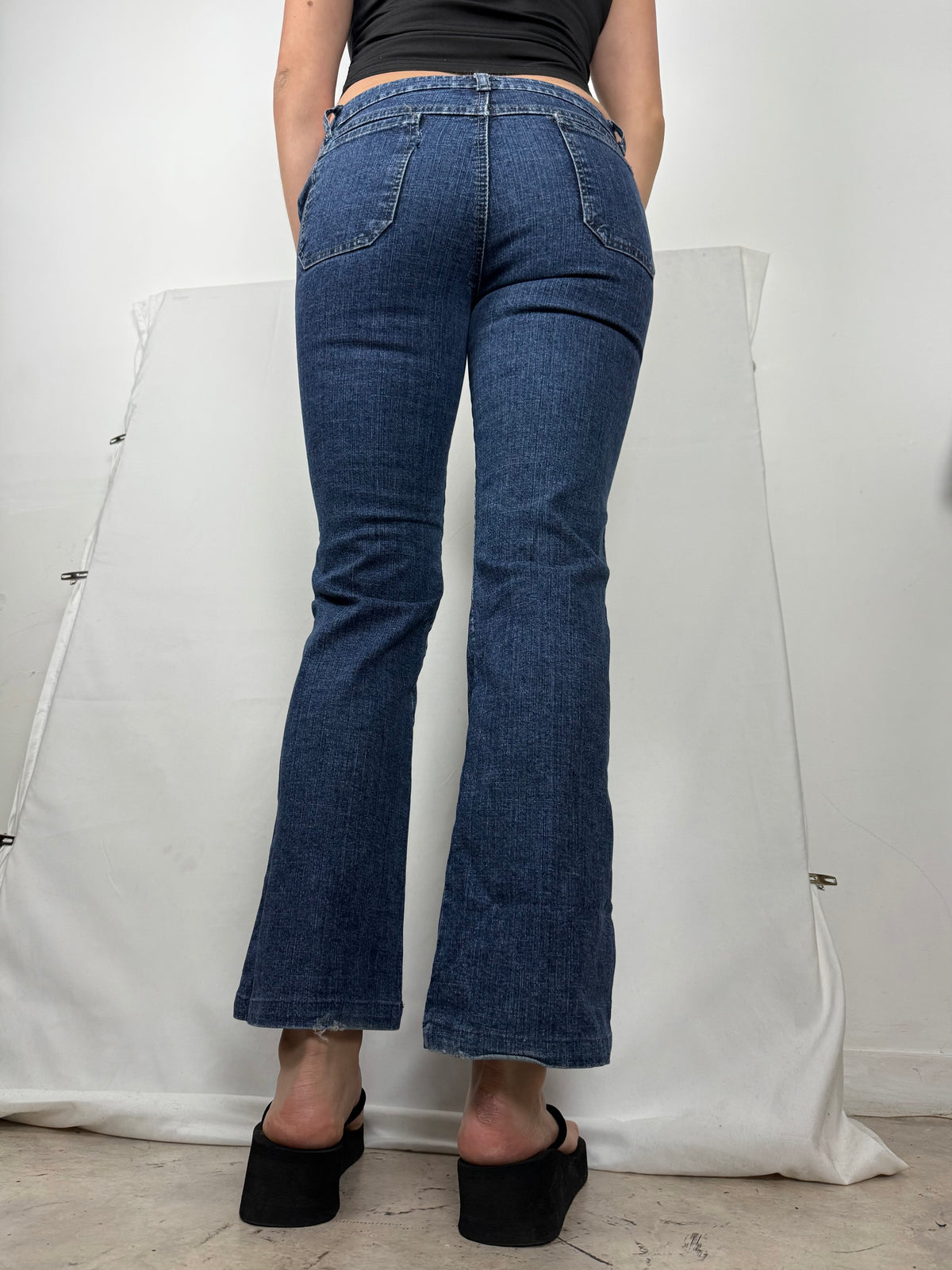 Blue denim low rise flare pants (XS)