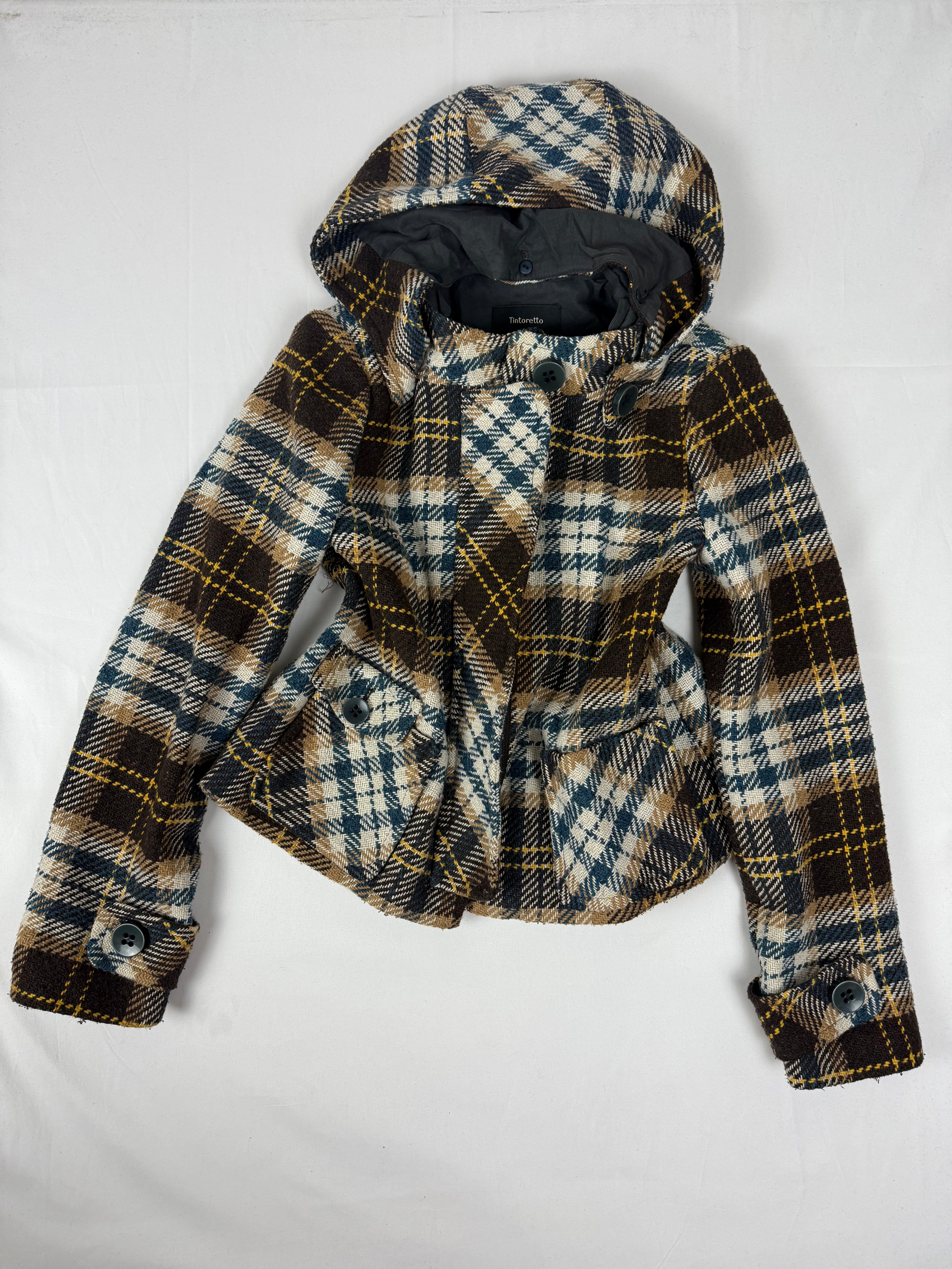 Beige check print mid season hooded caban jacket (M)