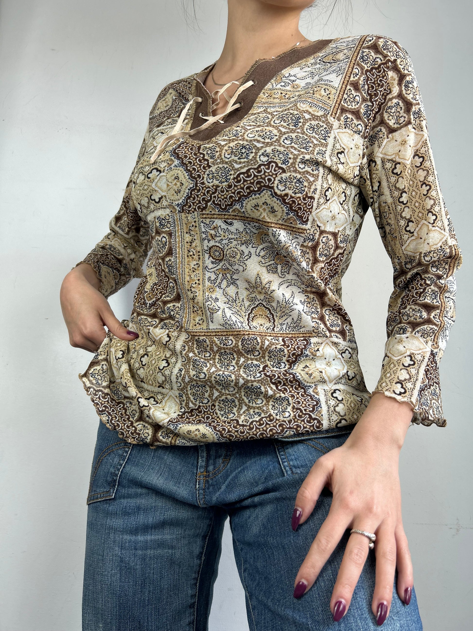 Beige mesh lace up long sleeves top (M/L)