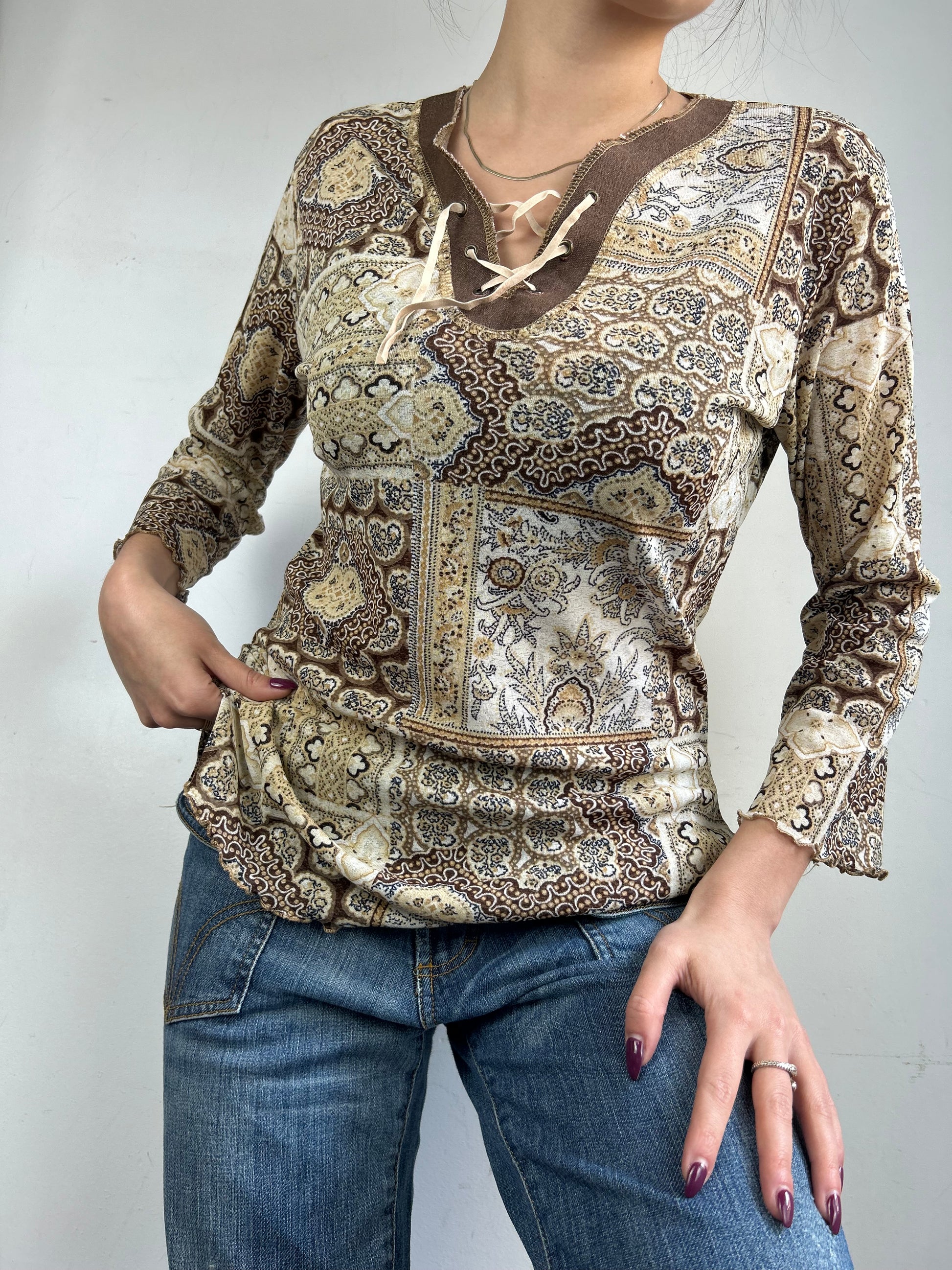 Beige mesh lace up long sleeves top (M/L)
