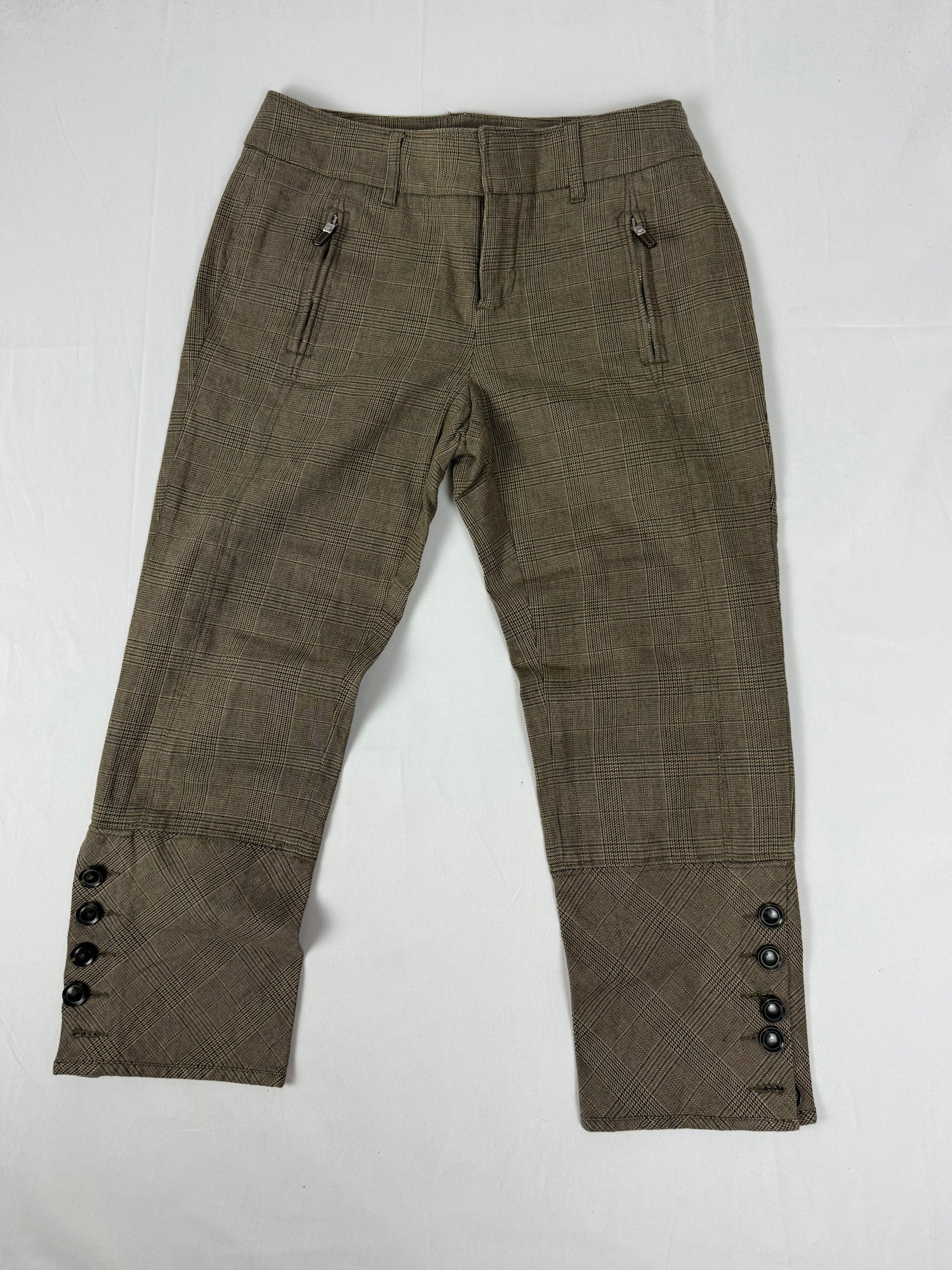 Brown check print low rise capri pants (M)
