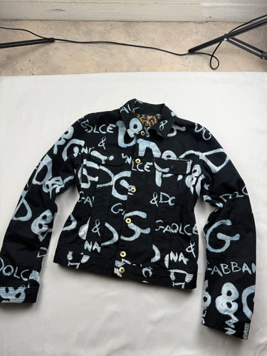 Black graffiti denim tight fit biker jacket (S)