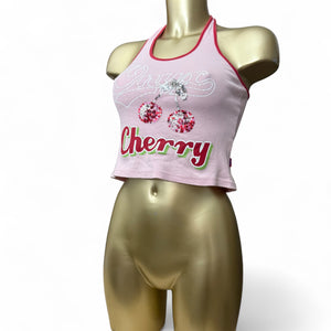 Baby pink cherry sequins halter top (S/M)