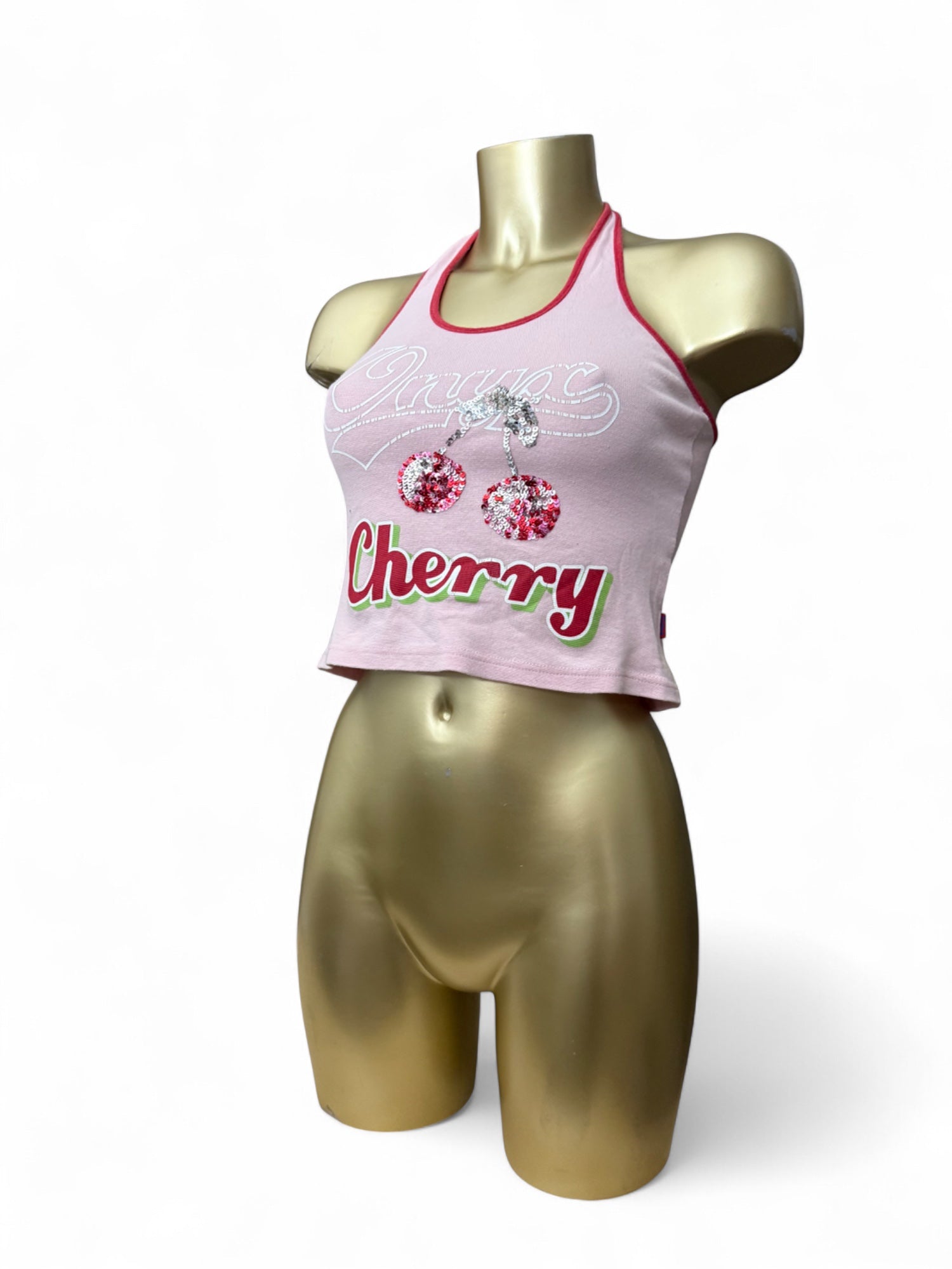 Baby pink cherry sequins halter top (S/M)