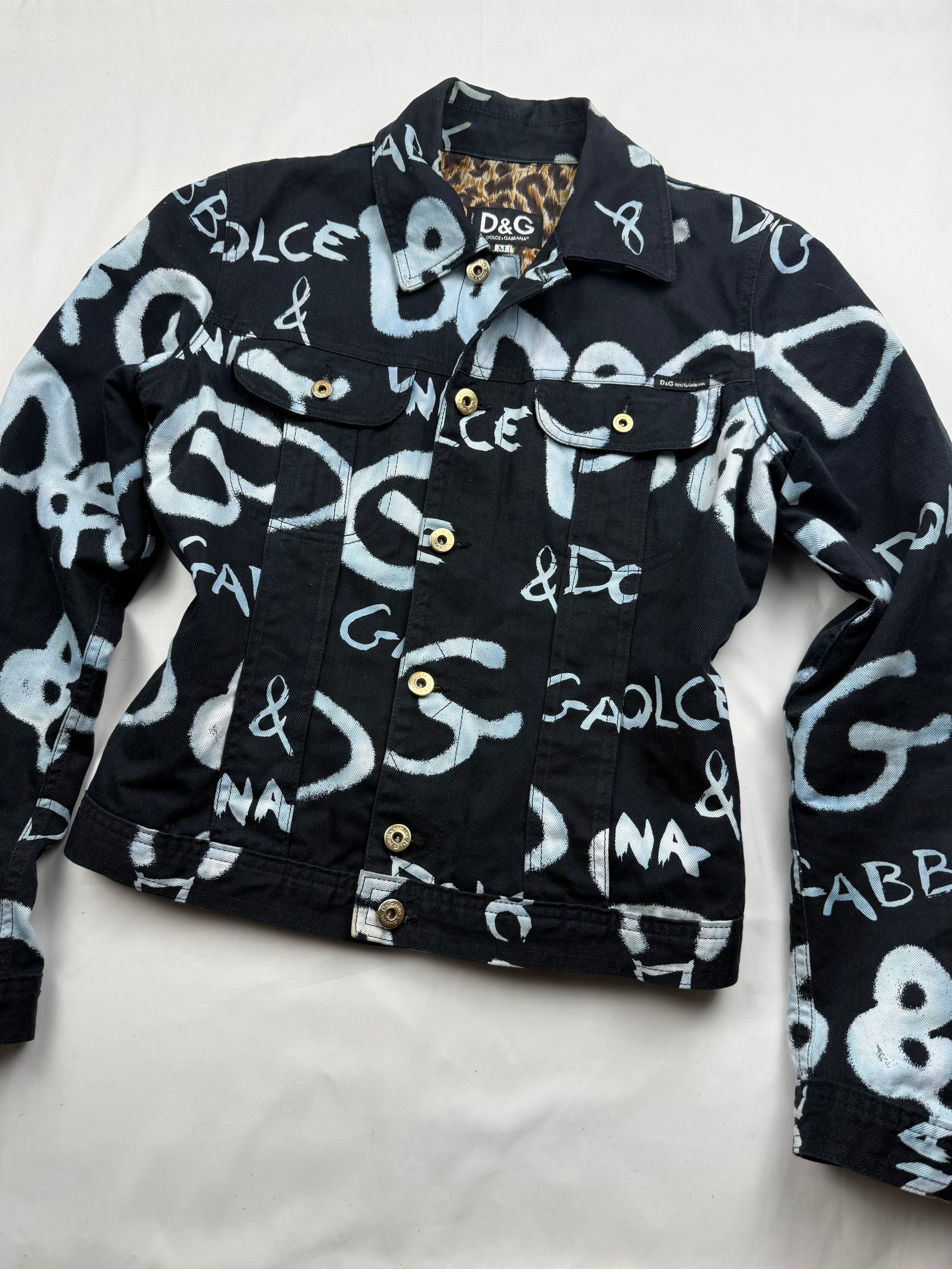 Black graffiti denim tight fit biker jacket (S)