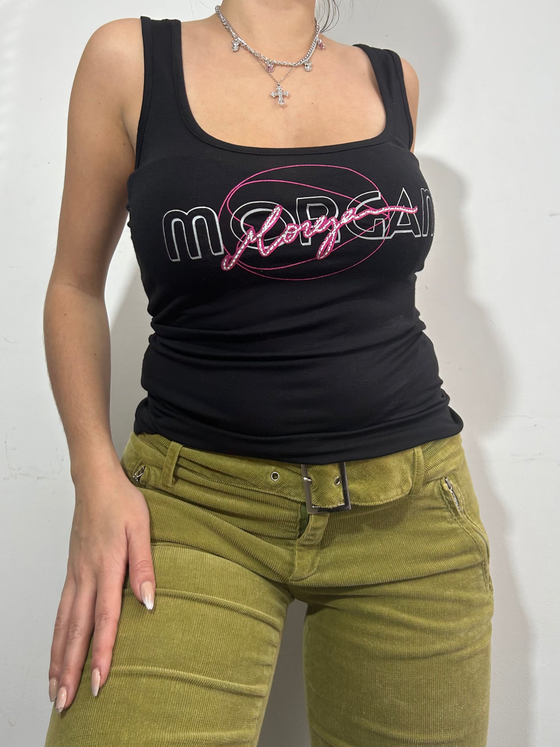 Pink & black rhinestone logo corset lace cami top 90s y2k vintage (S/M)