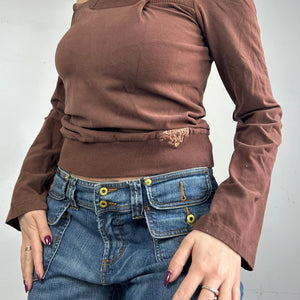 Brown off shoulder tie up long sleeves top (S/M)