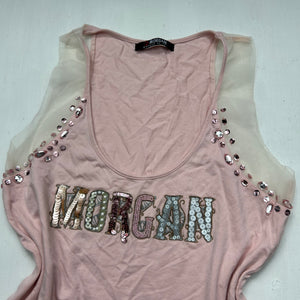 Baby pink spell out logo pearls top (S/M)