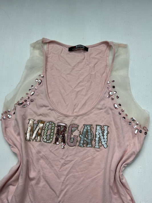 Baby pink spell out logo pearls top (S/M)