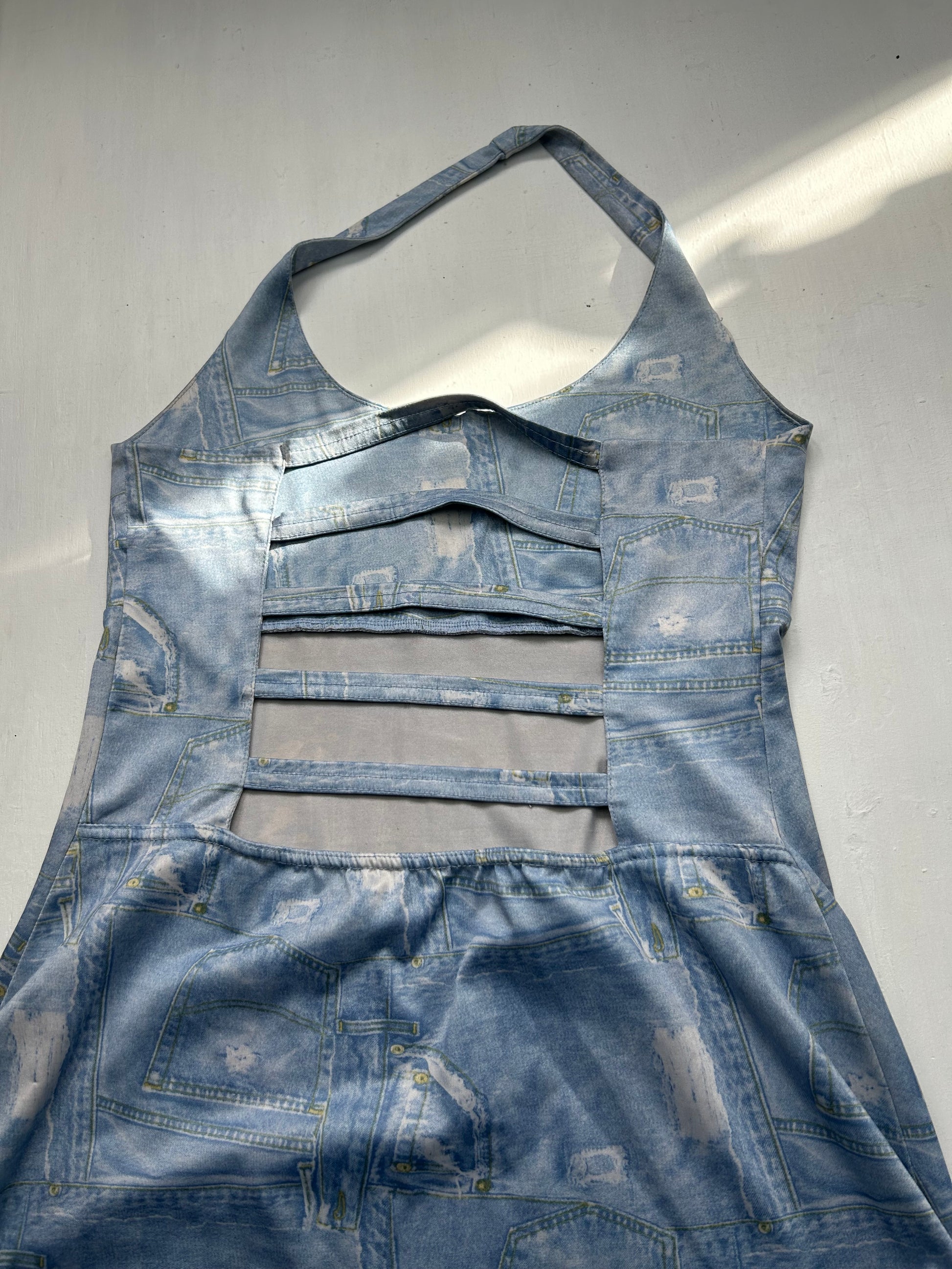 Blue denim graphic backless mini dress (M/L)