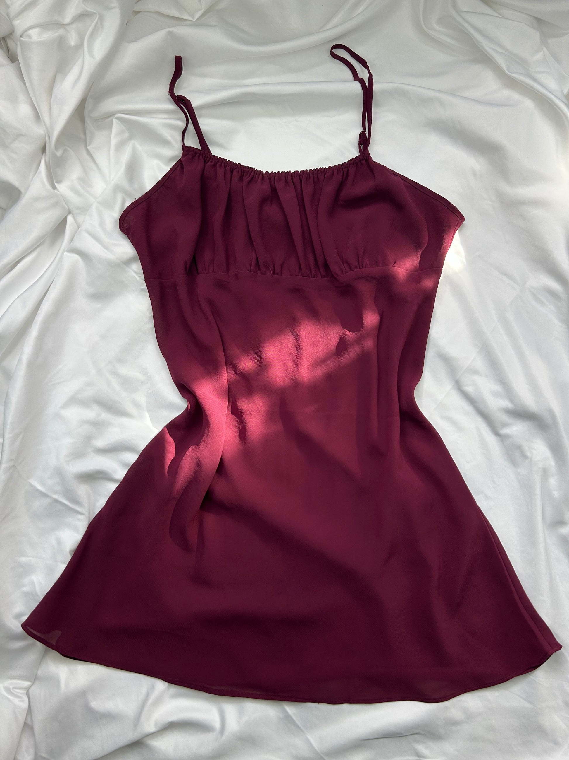 Burgundy mesh lined babydoll mini dress (L)