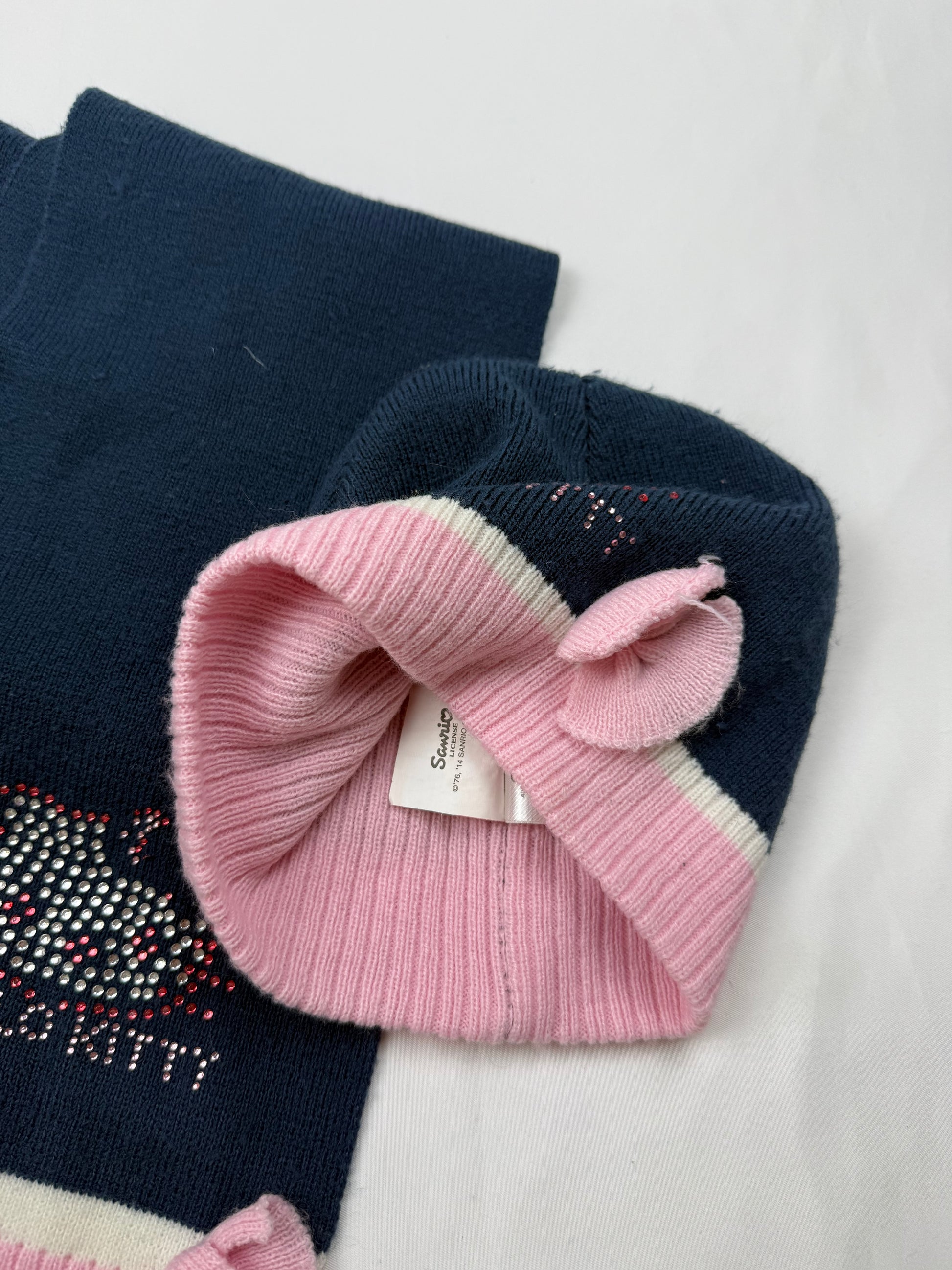 Navy & pink strass logo knitted scarf & beanie