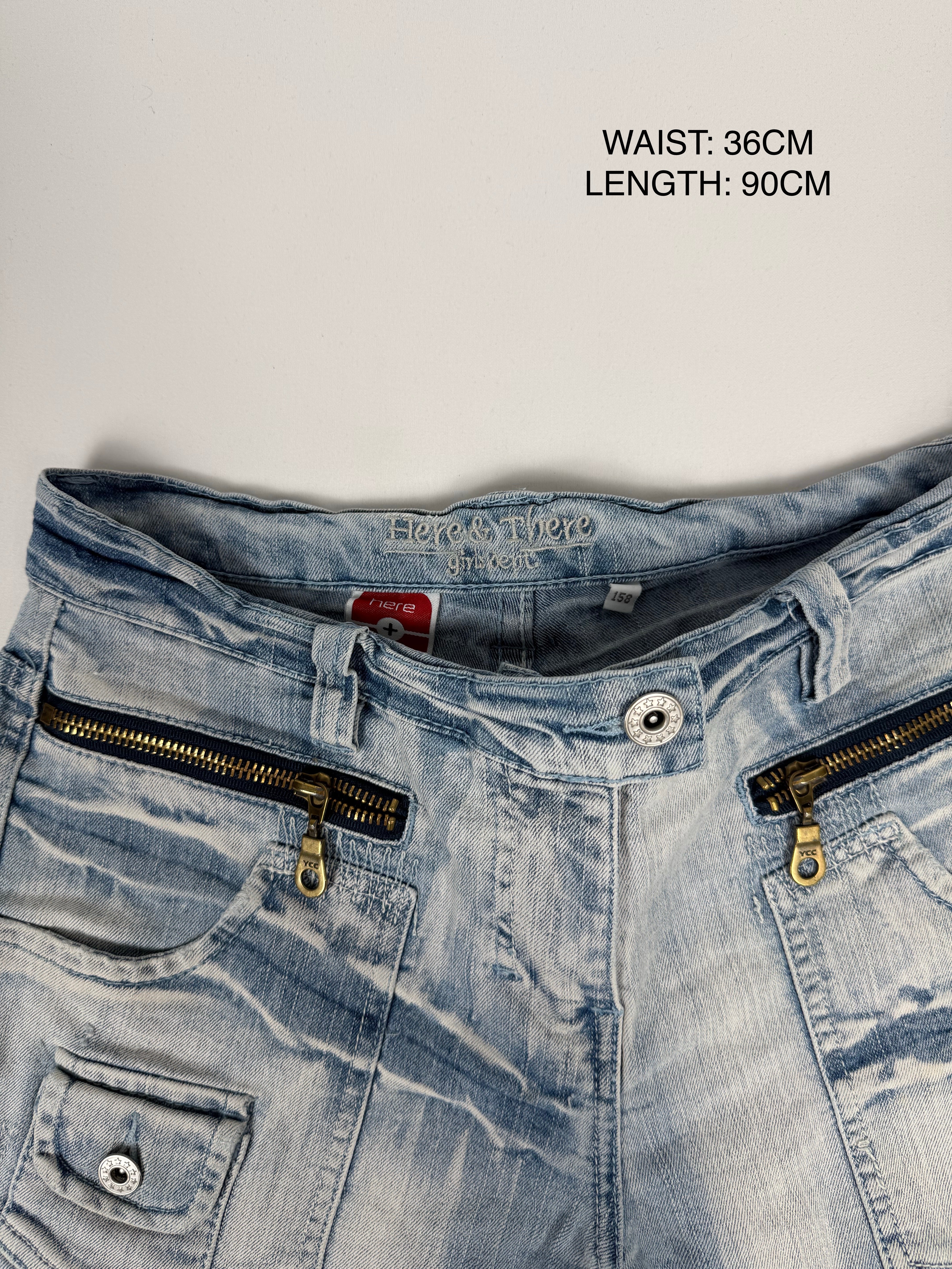 Blue denim low rise flare pants (XS)
