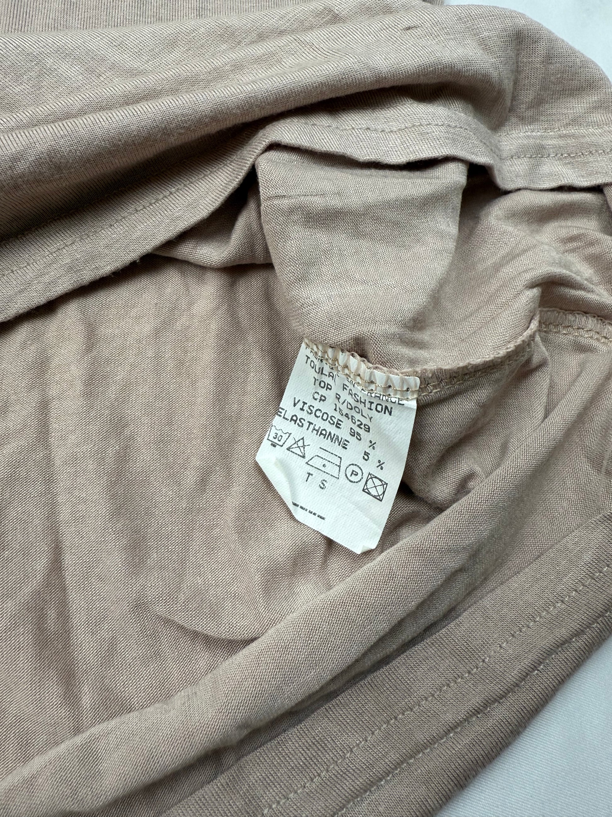 Beige tight fit lace neck long sleeves top (S)