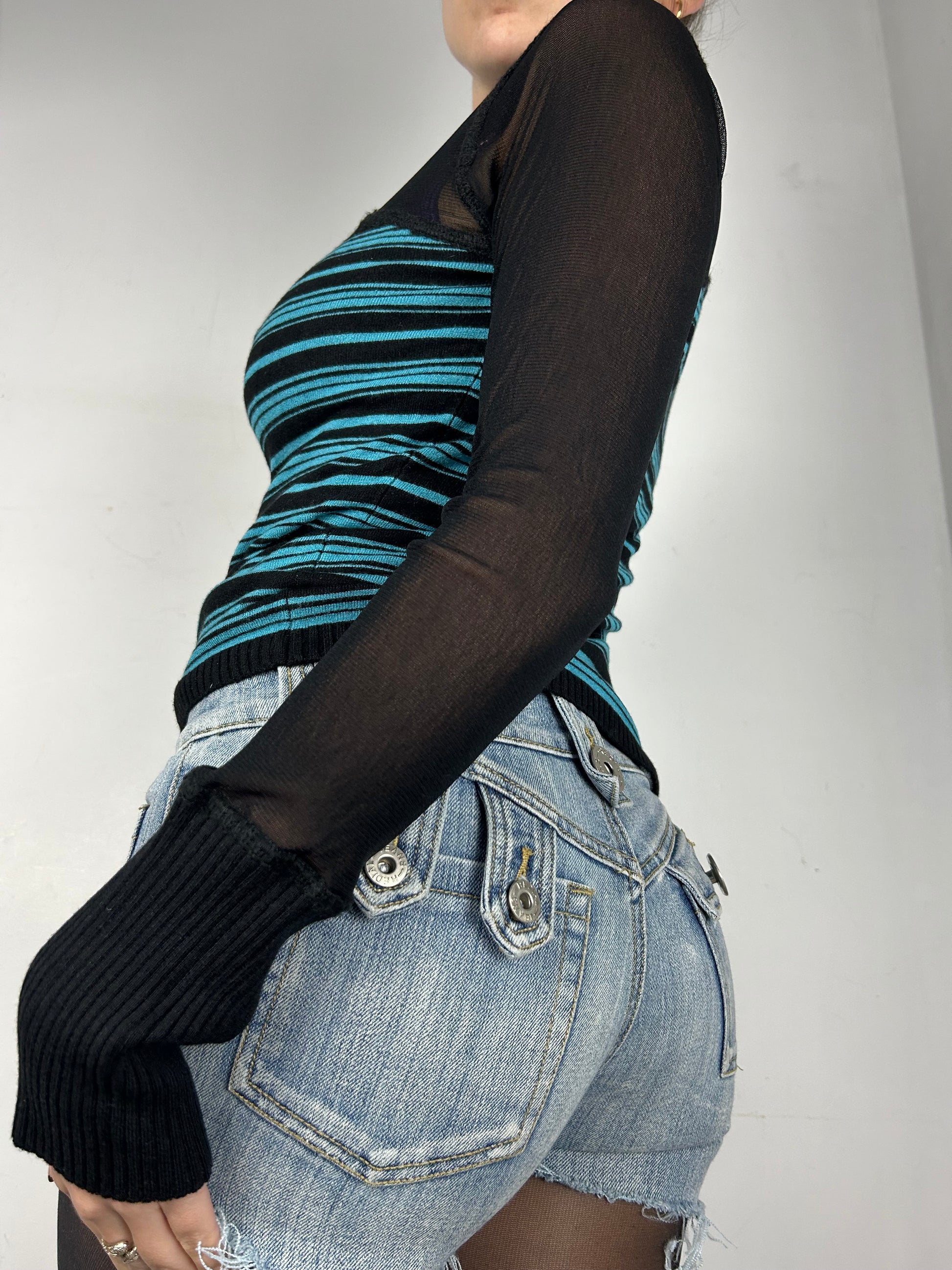 Striped bi fabric mesh stretchy long sleeves top (S/M)