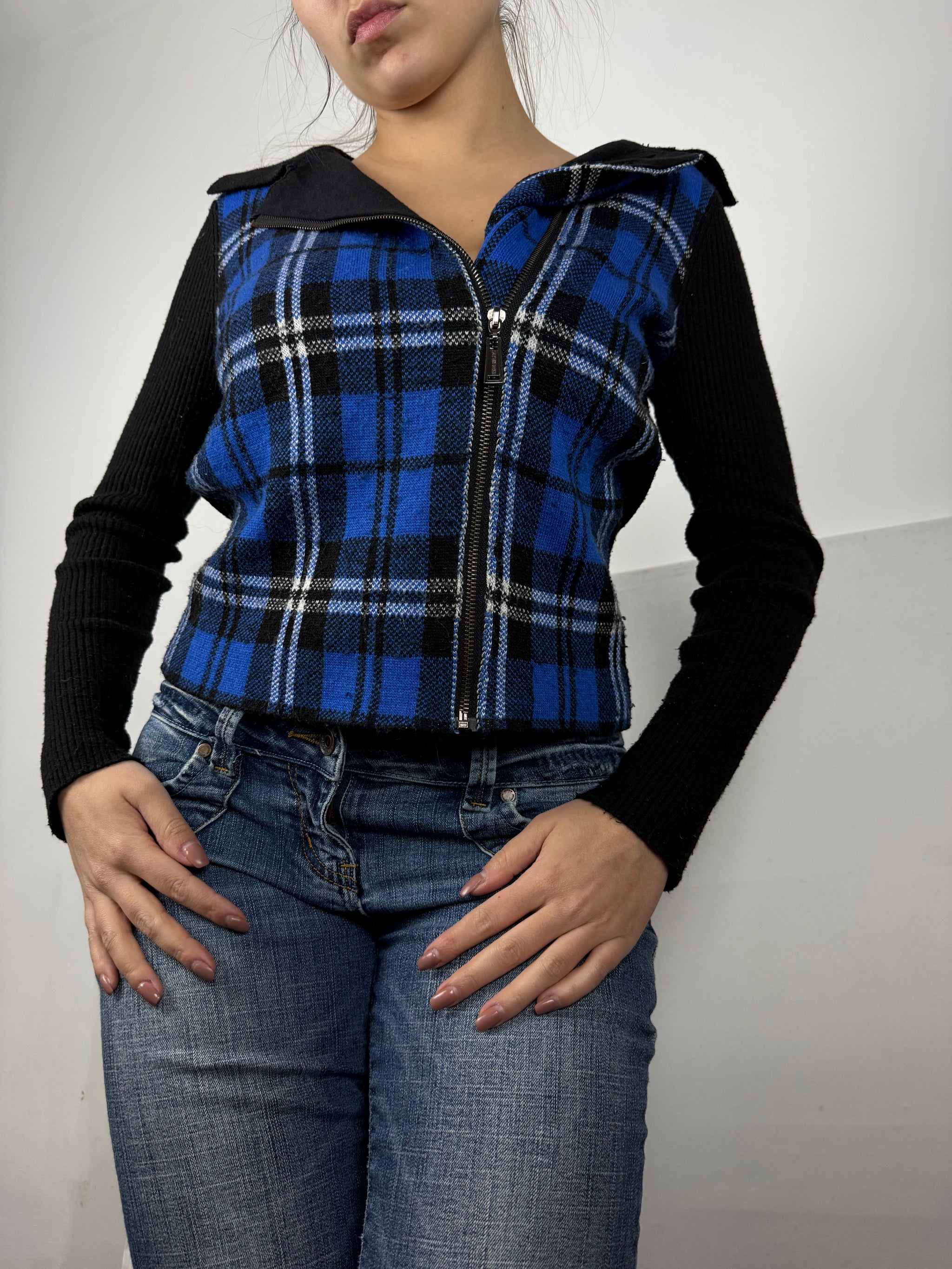 Blue check print knitted biker jacket (S/M)