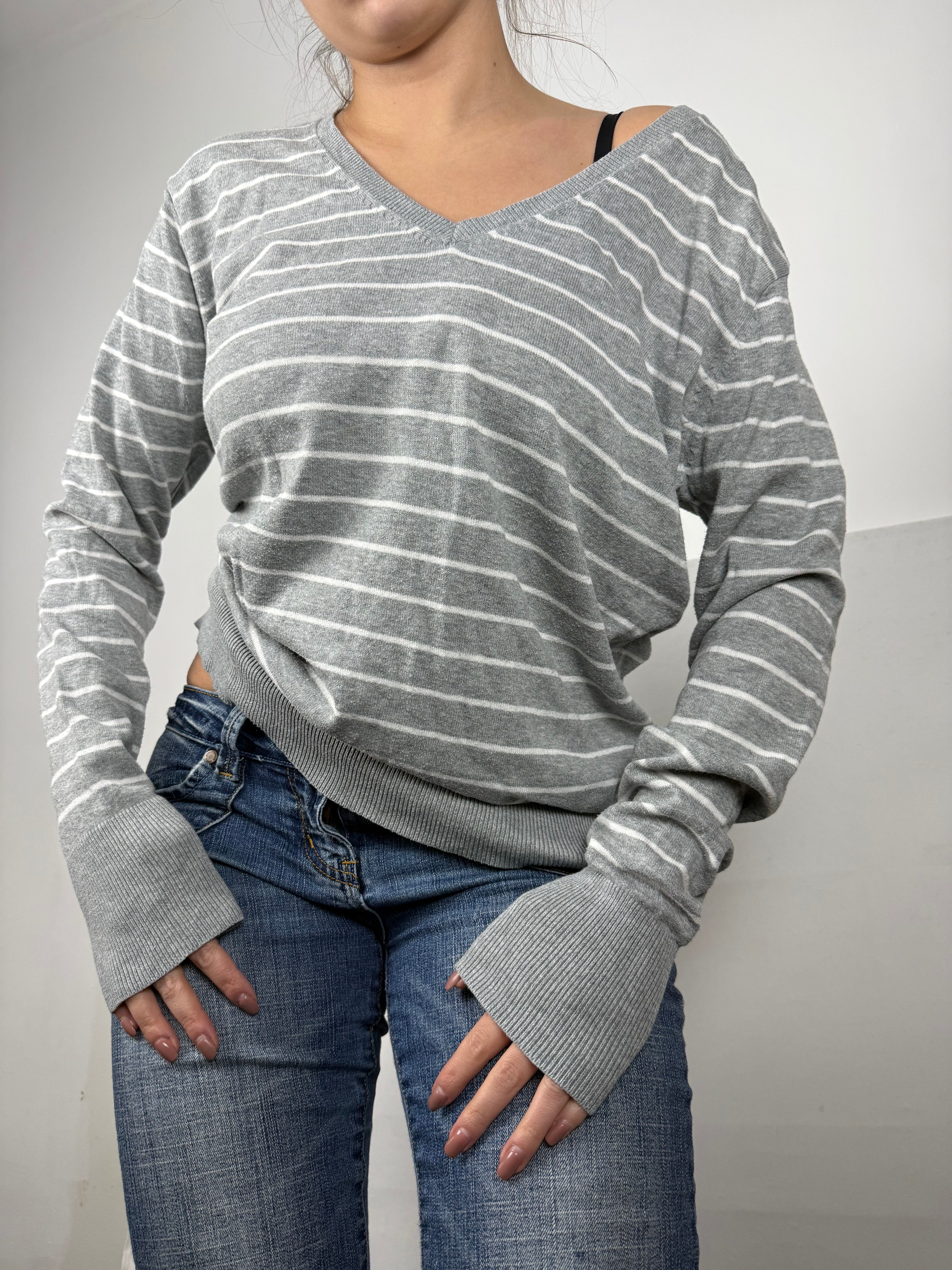 Grey striped V neck jumper (XL)