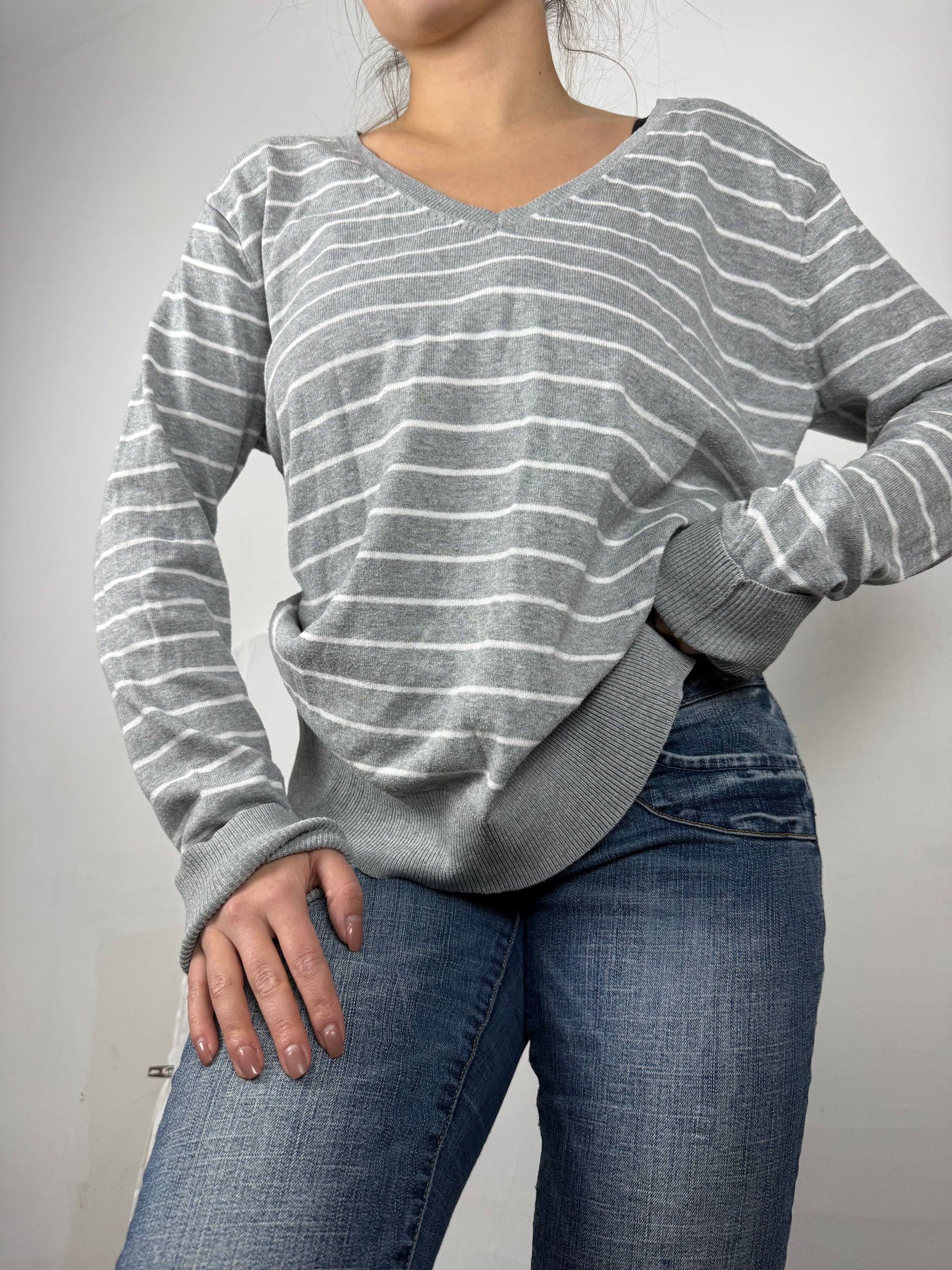 Grey striped V neck jumper (XL)