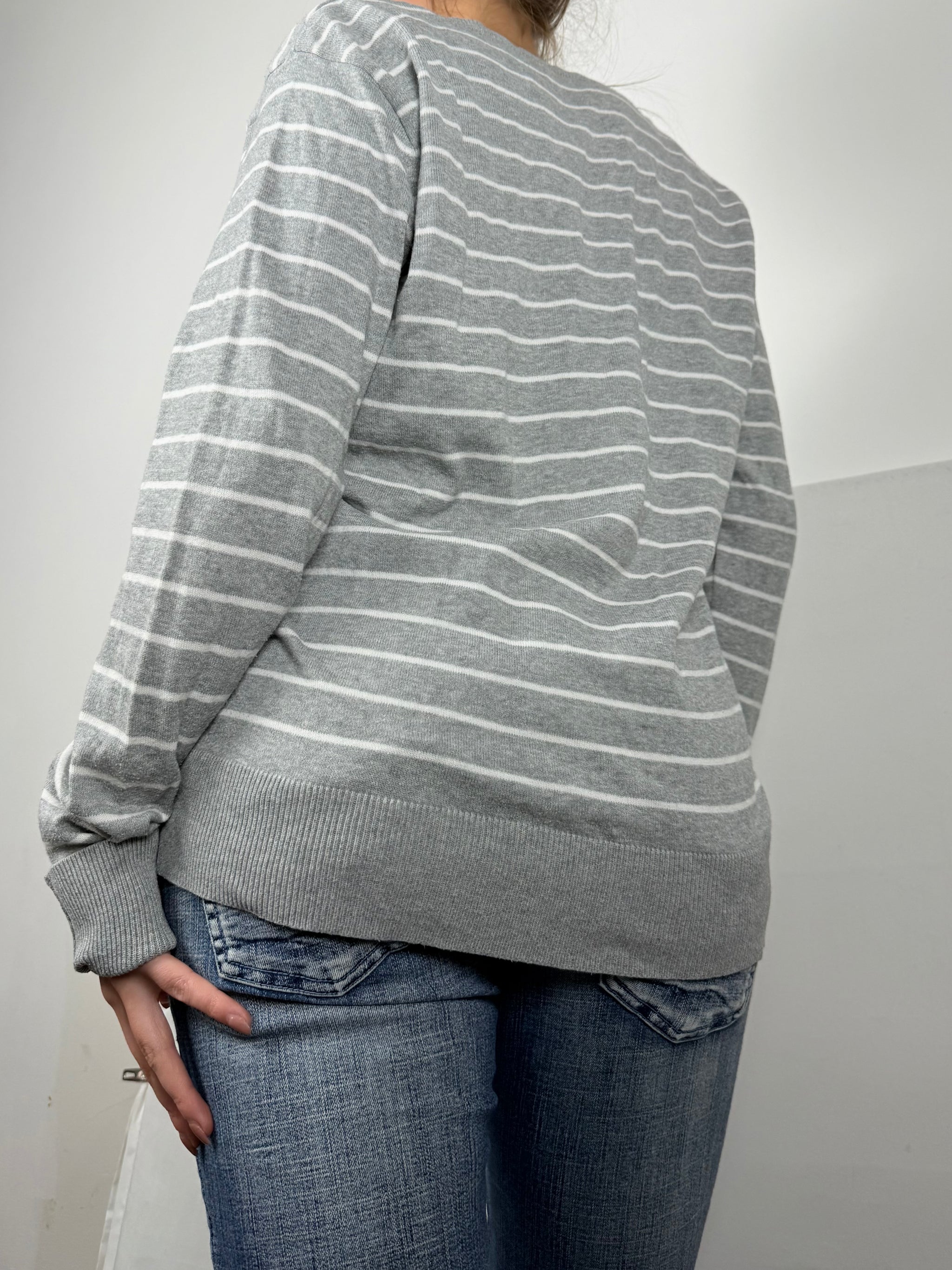 Grey striped V neck jumper (XL)