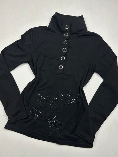 Black polo lace bow long sleeves top (S/M)