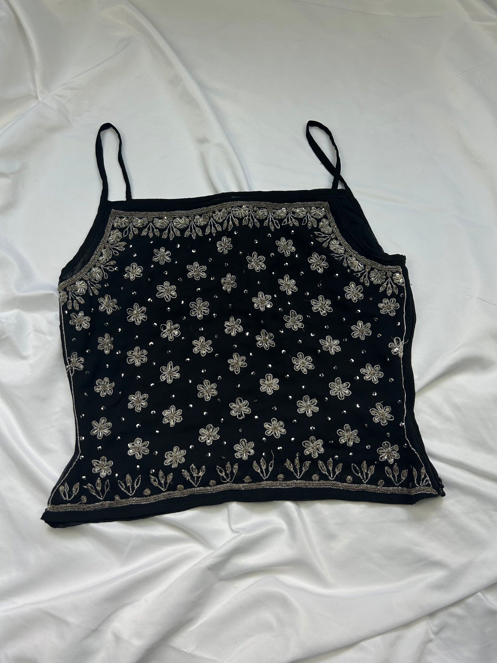 Black embroidered pearls cami top (S/M)