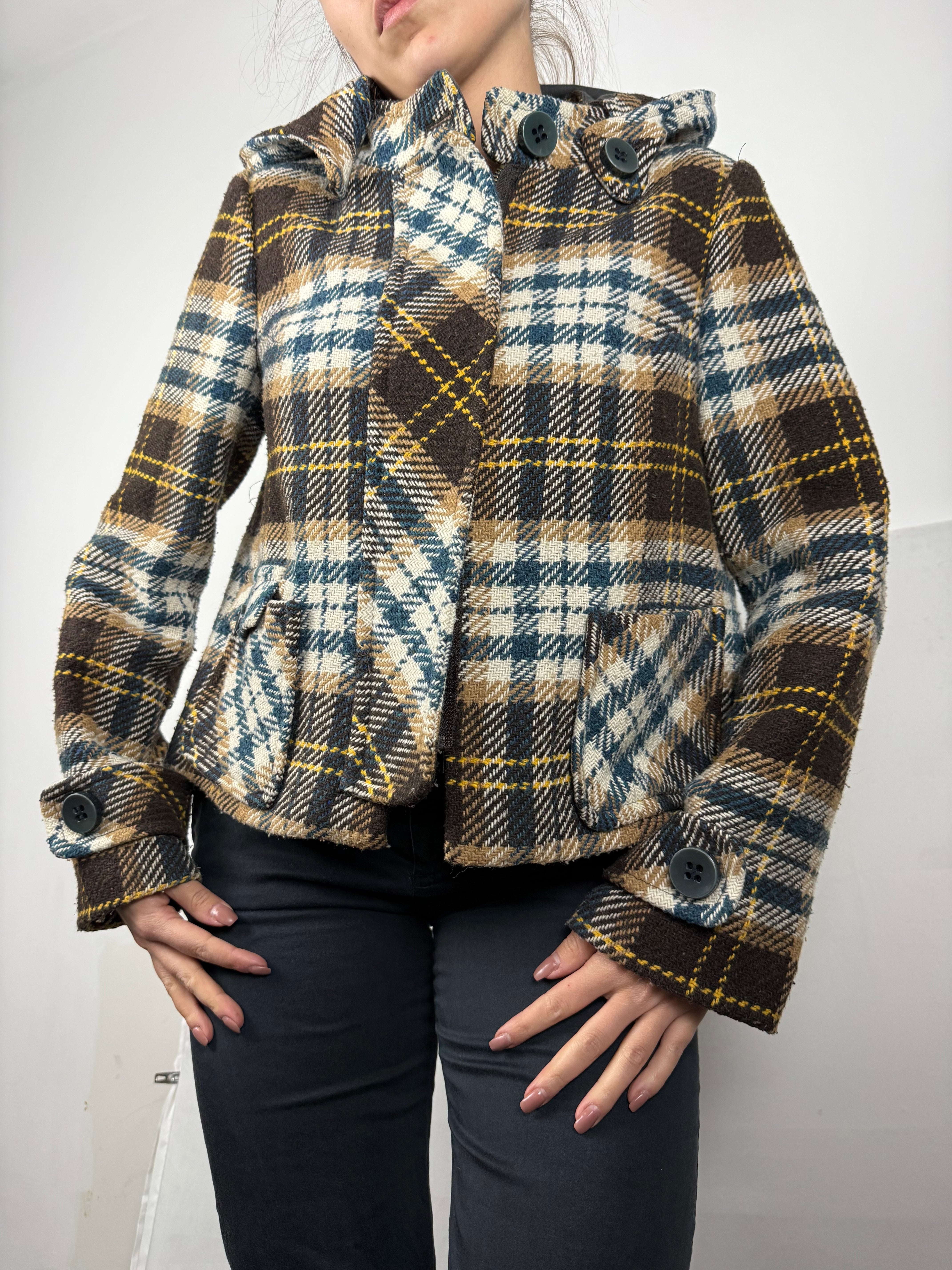 Beige check print mid season hooded caban jacket (M)