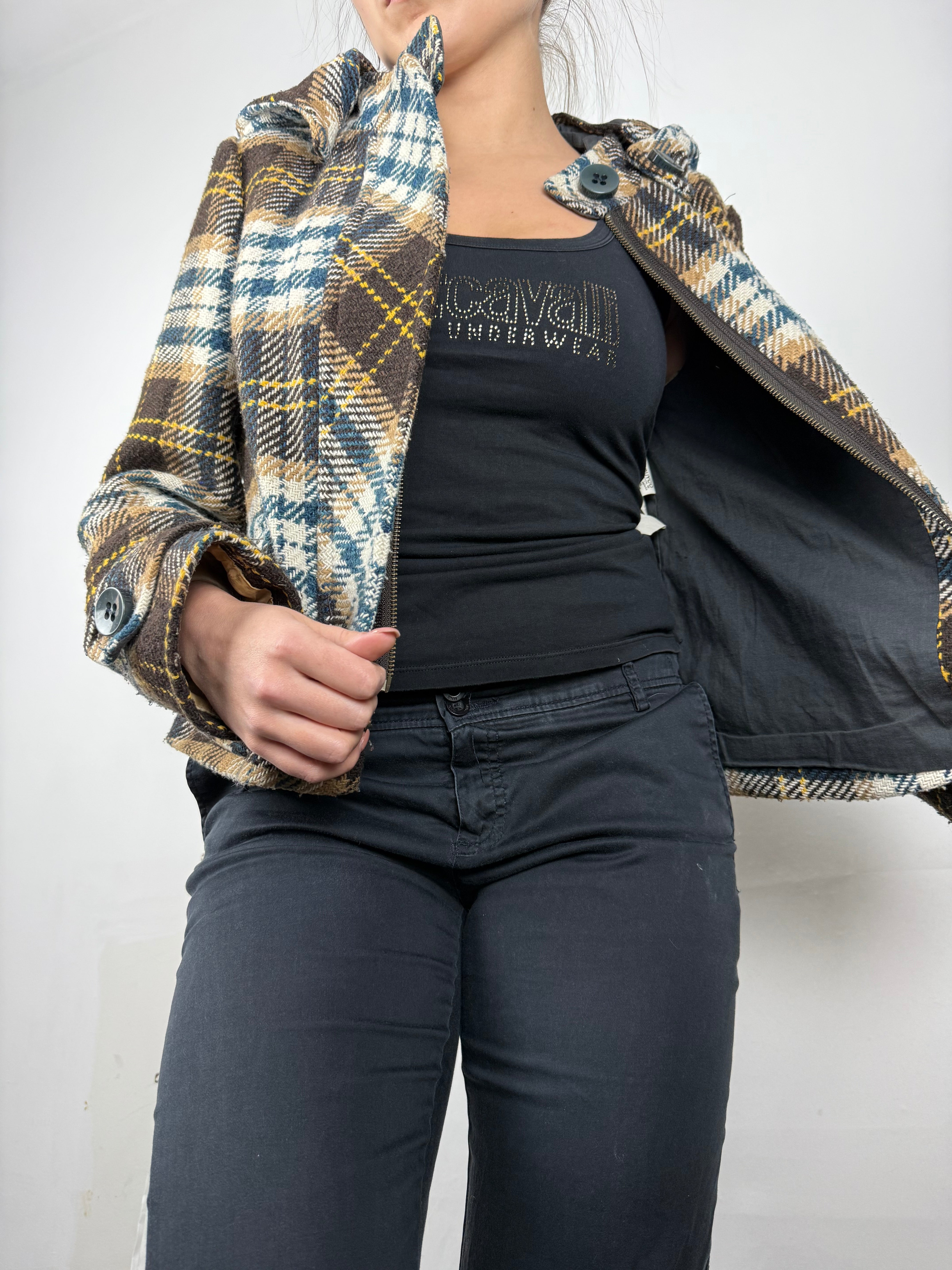 Beige check print mid season hooded caban jacket (M)