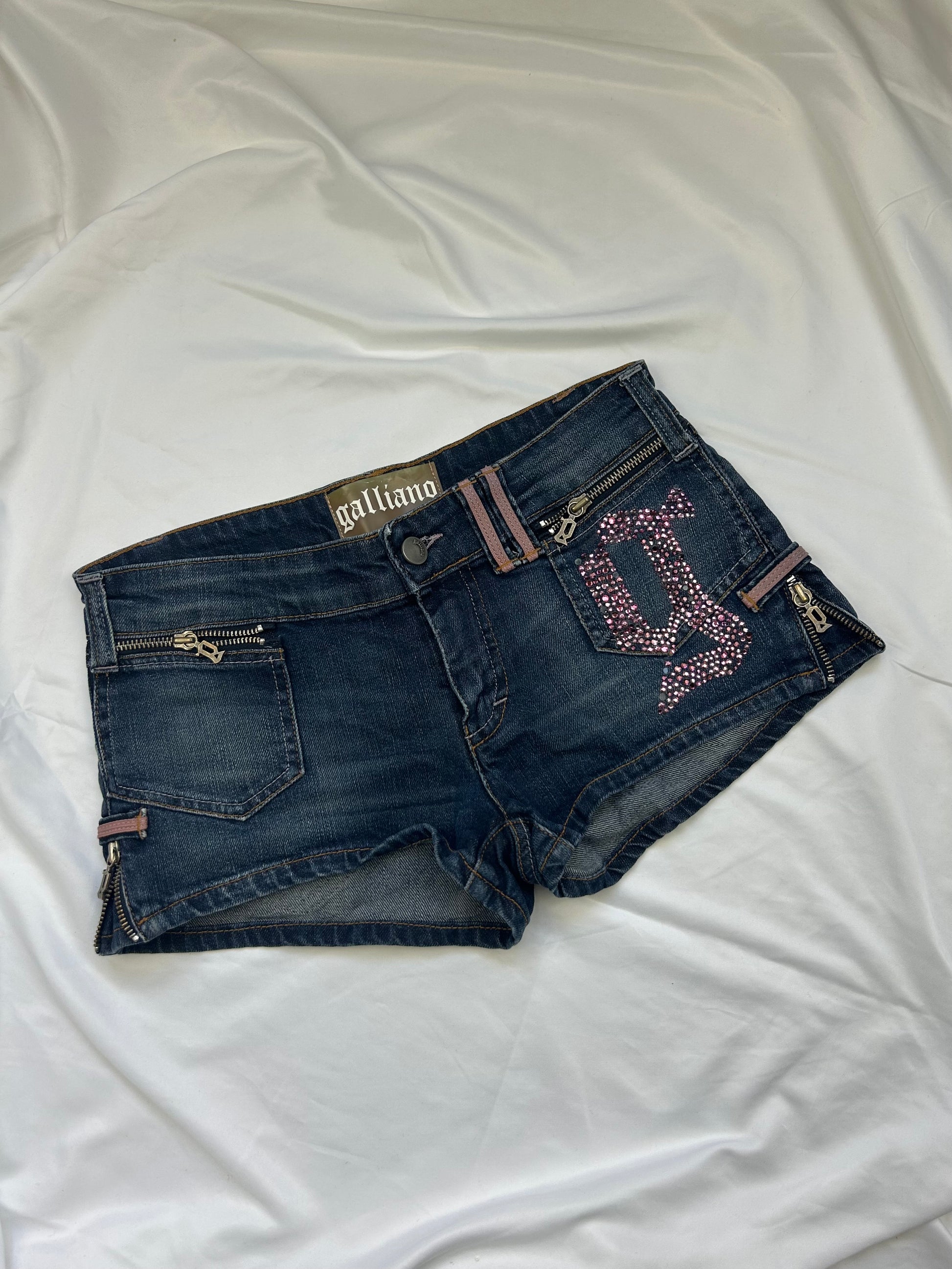 Blue denim rhinestones low rise mini short (S)