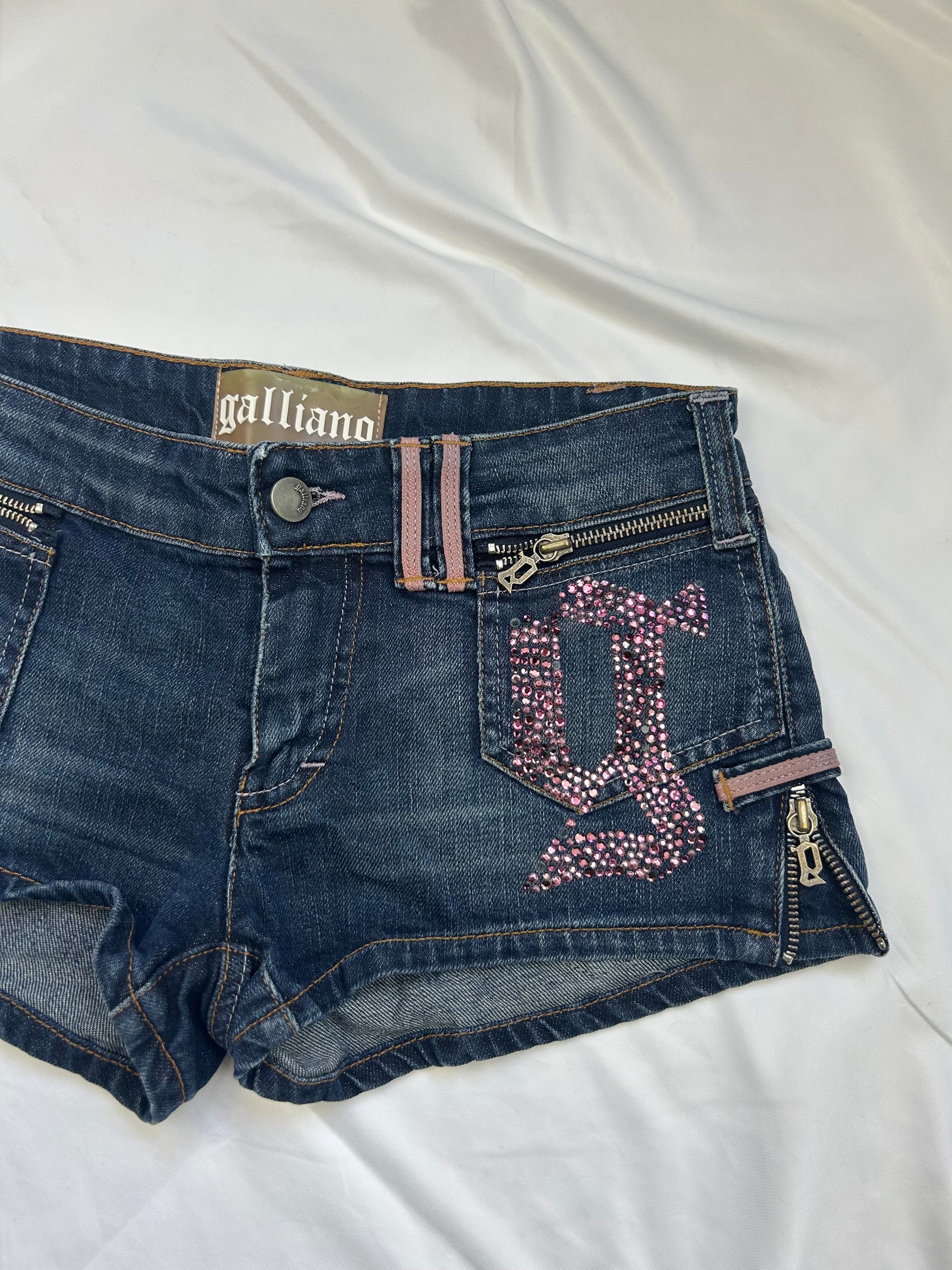 Blue denim rhinestones low rise mini short (S)