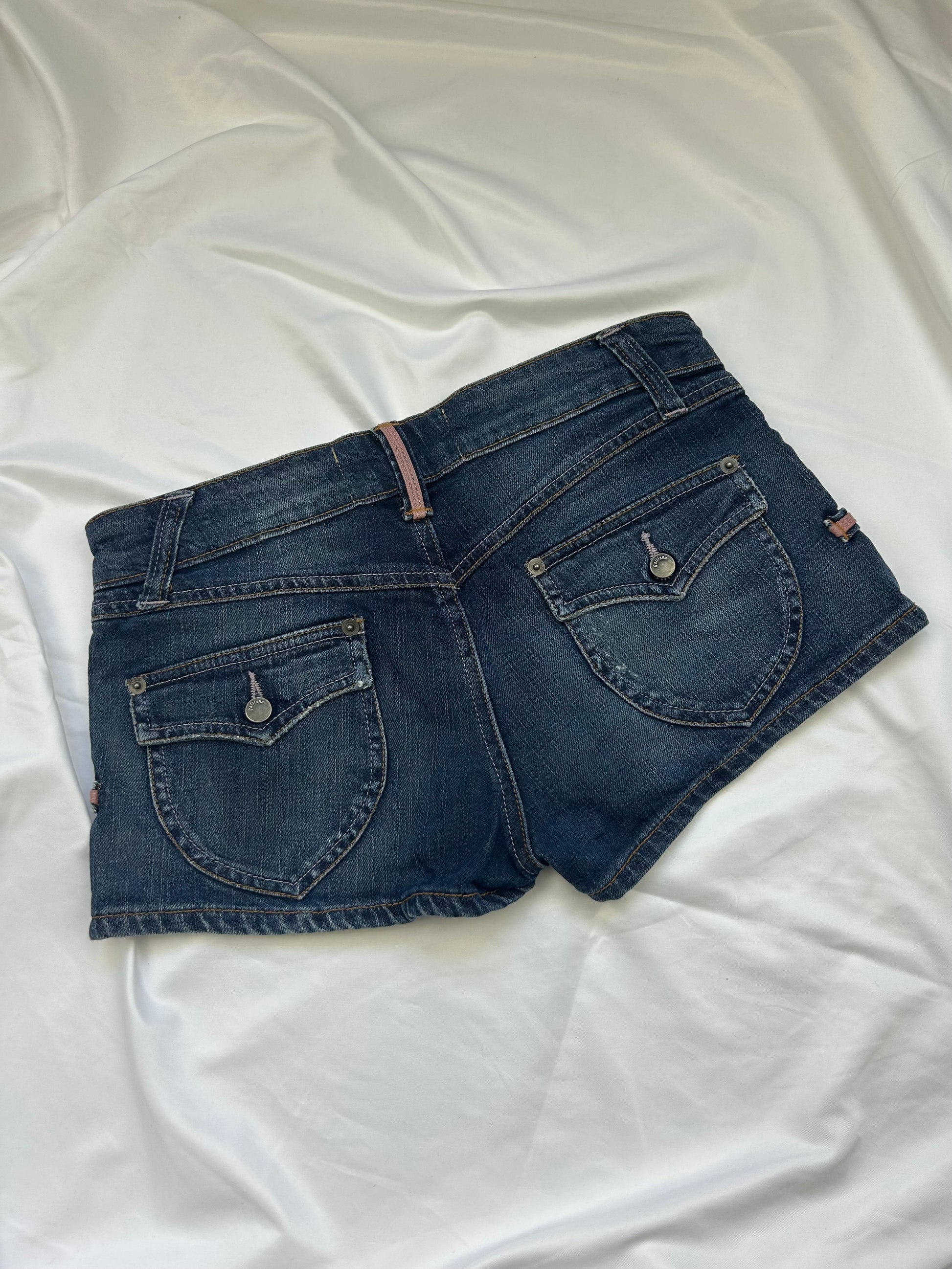 Blue denim rhinestones low rise mini short (S)