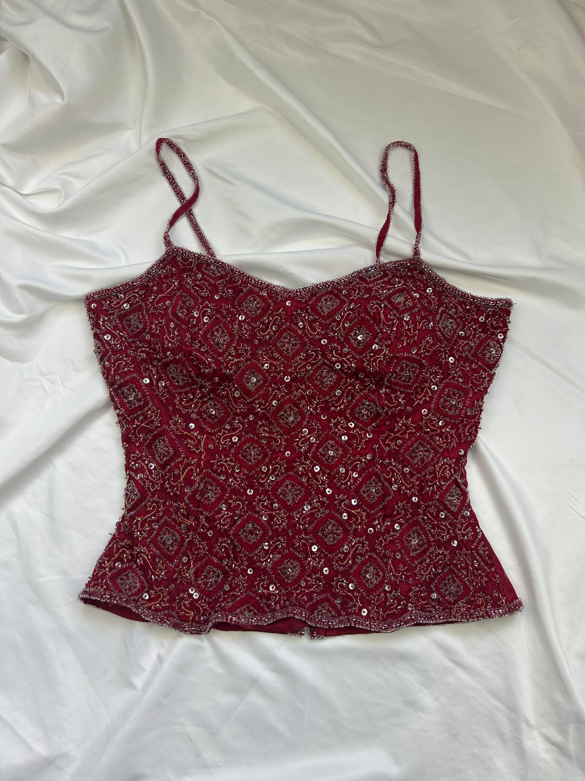 Red embroidered pearls cami top (S/M)