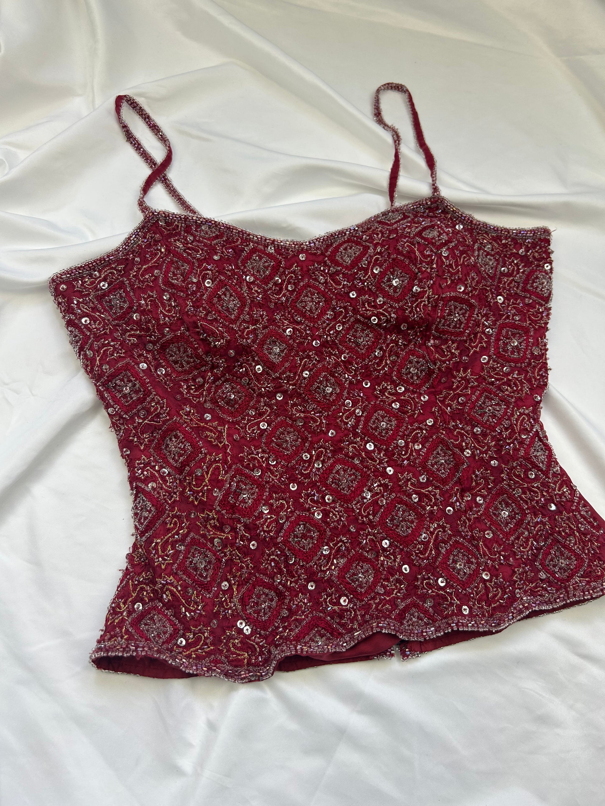 Red embroidered pearls cami top (S/M)