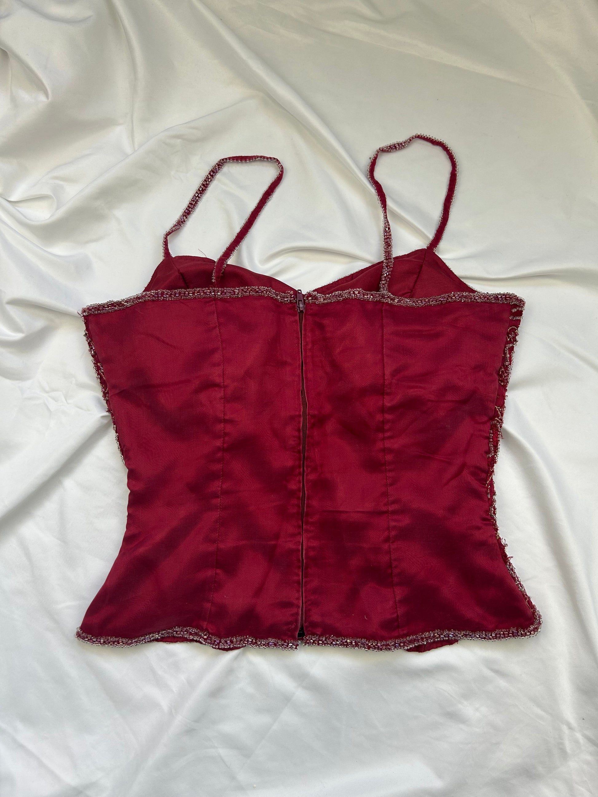 Red embroidered pearls cami top (S/M)