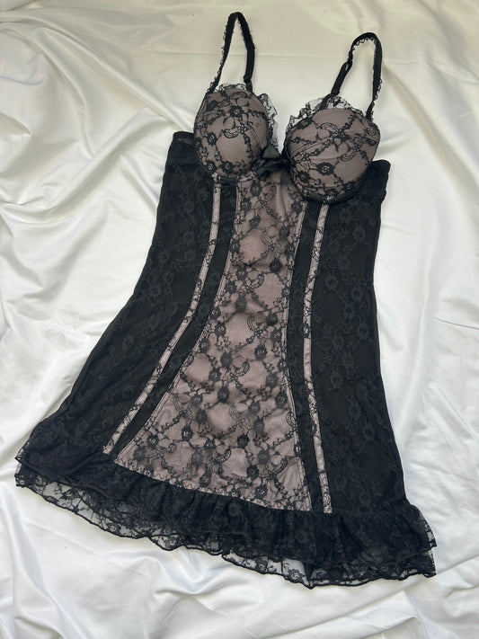 Black mesh corset babydoll mini dress (S)