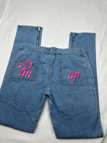 Blue denim low rise straight legs pants (S)