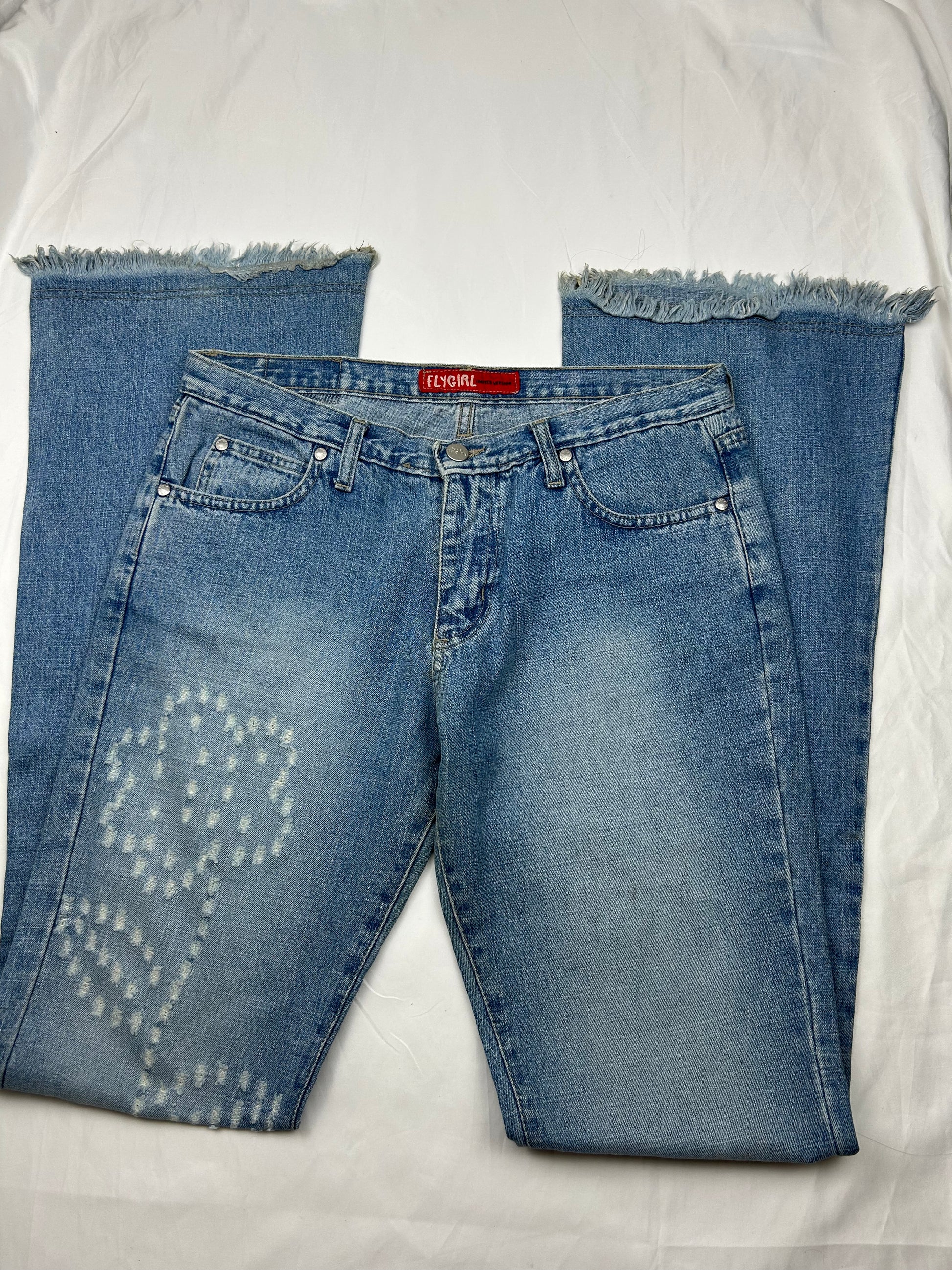 Blue denim low rise flare pants (M)