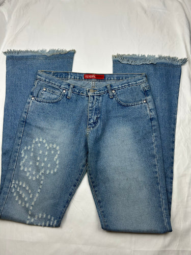 Blue denim low rise flare pants (M)
