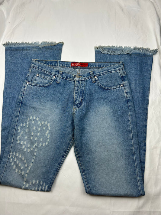 Blue denim low rise flare pants (M)