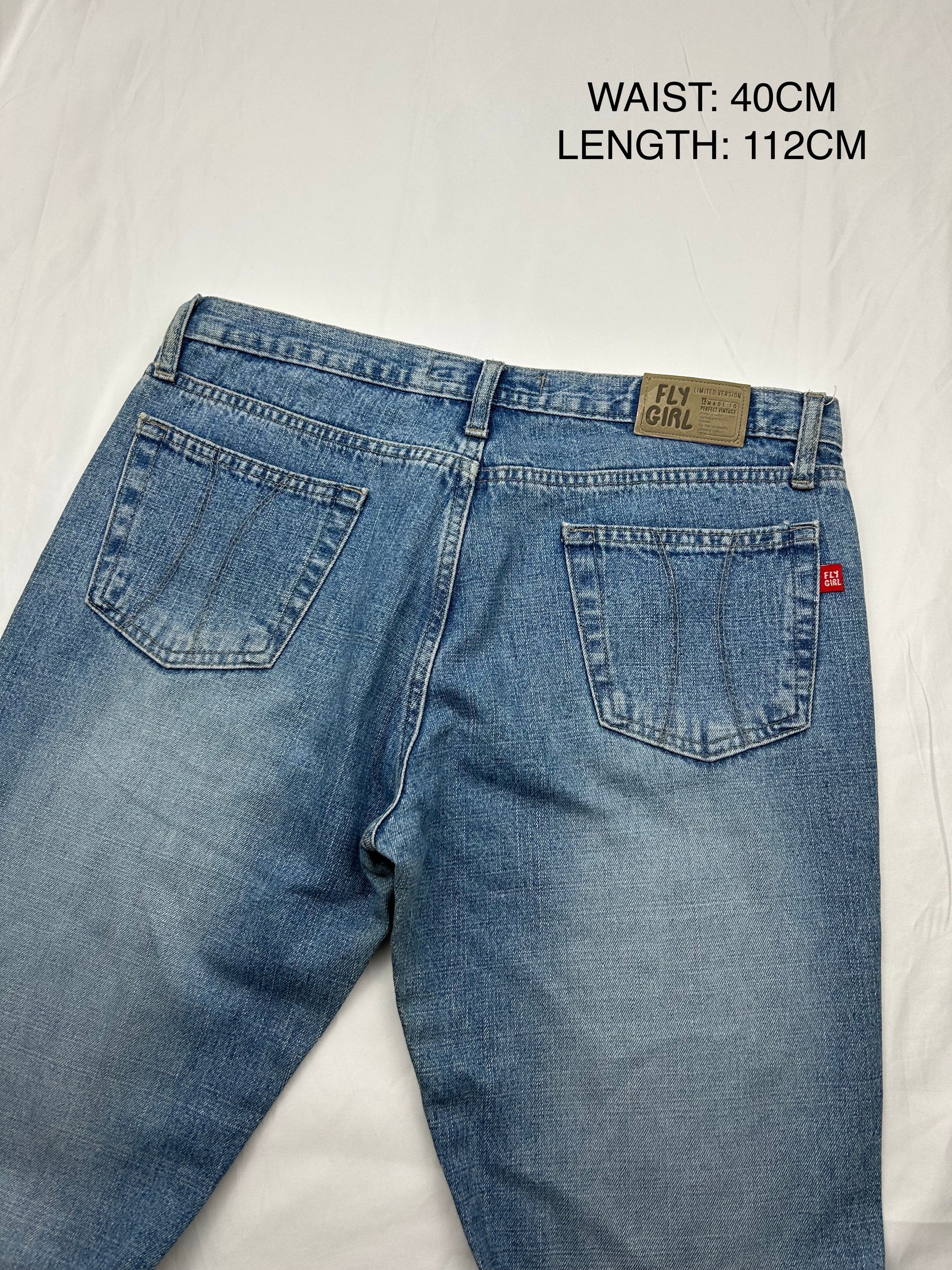 Blue denim low rise flare pants (M)