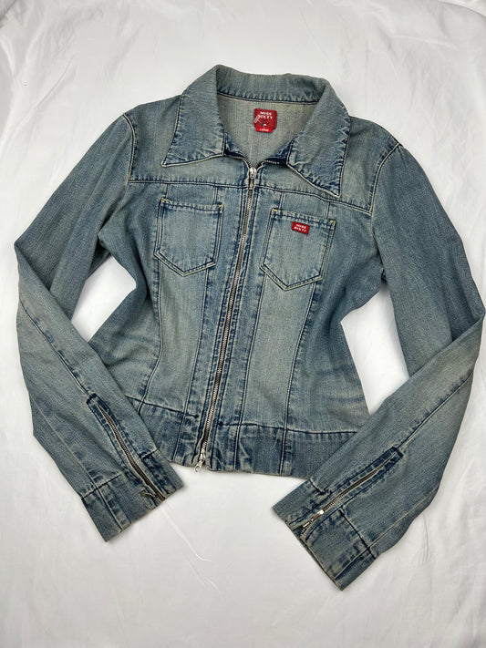 Blue denim cotton zip up biker jacket (M/L)